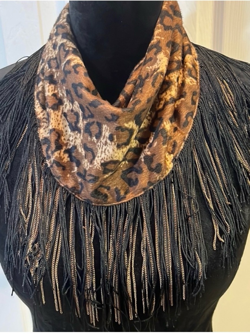 Leopard Fringe Bandana Scarf - Brown & Black - Picture 2 of 3